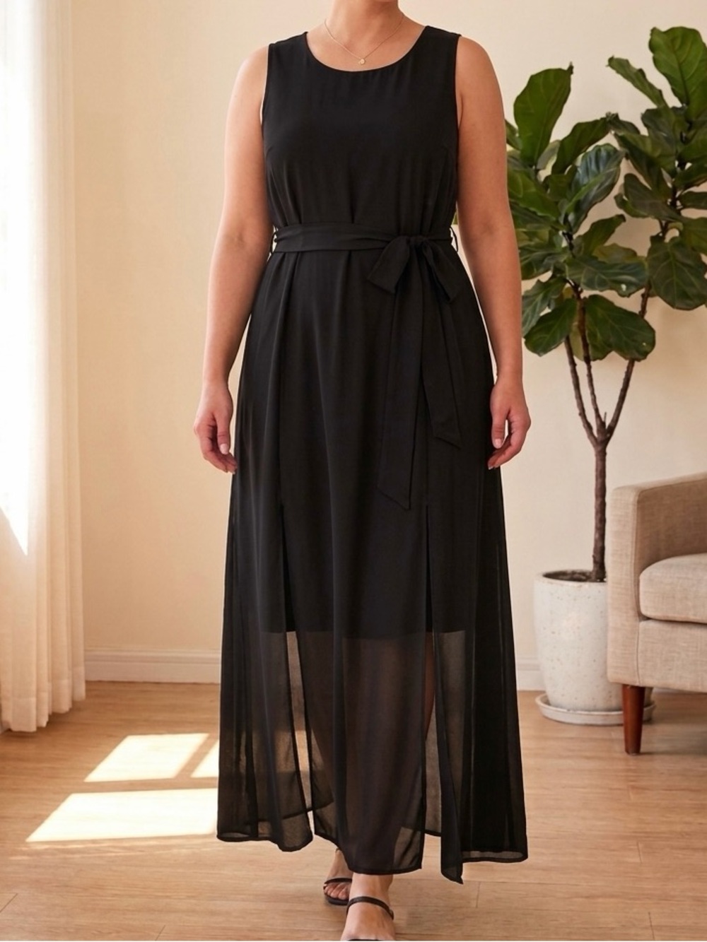 Hazel Black Sleeveless Maxi Dress XL Chiffon Sheer 2 Slit Knee-Length Lining EUC